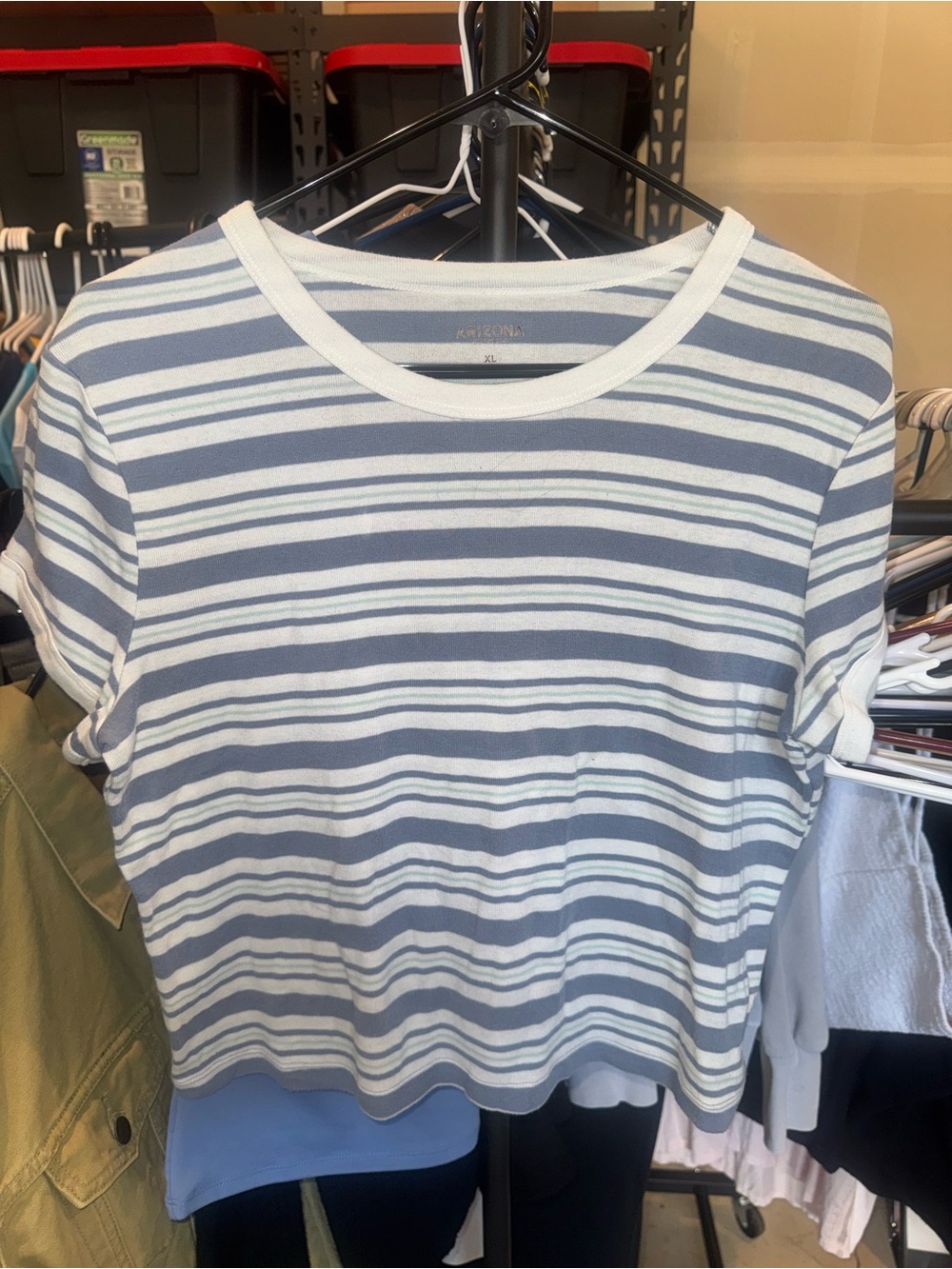 Arizona Jean Company Blue & White Striped Short Sleeve Crewneck